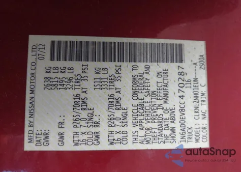 2012 Nissan Frontier Sv from USA, damaged, VIN 1N6AD0EV8CC470287